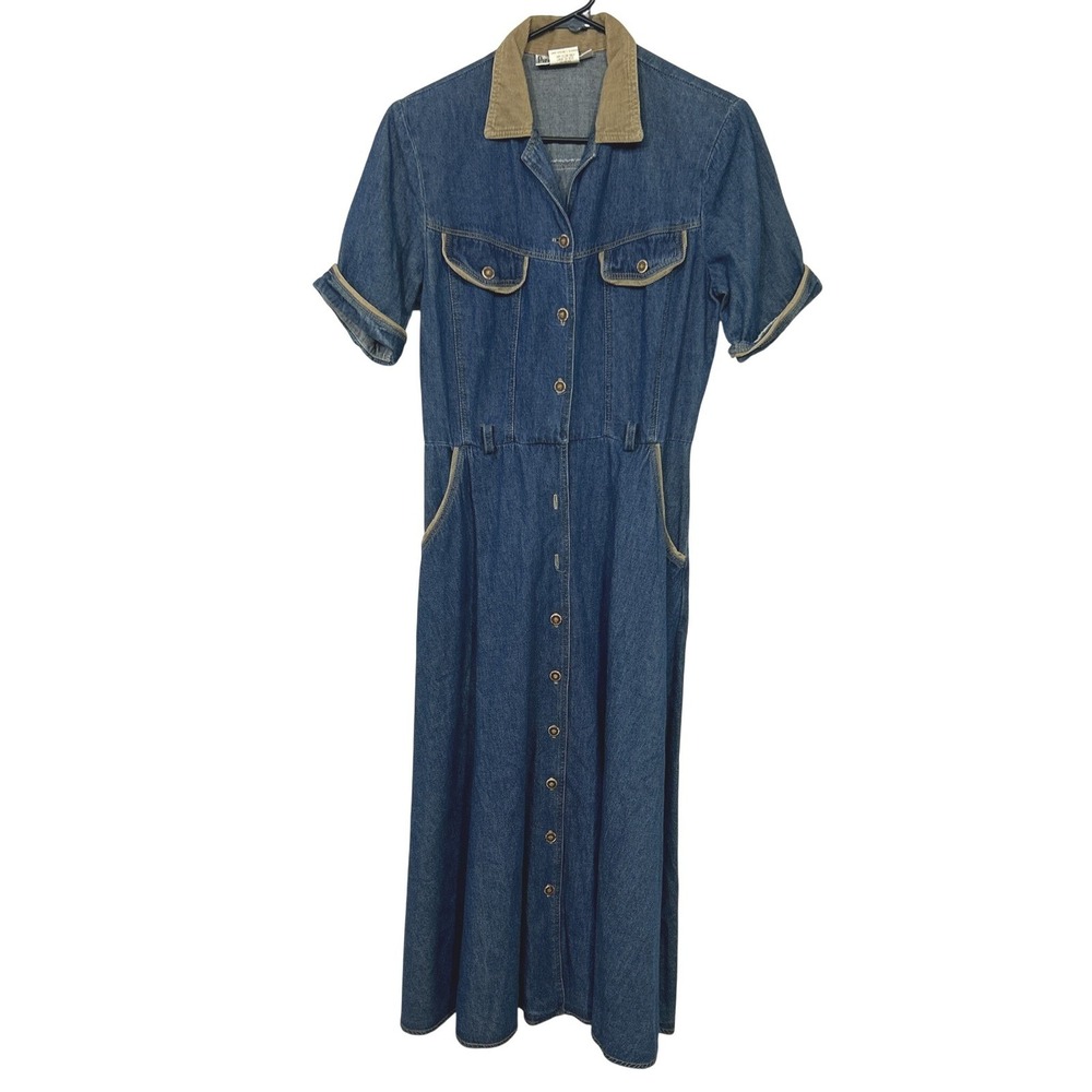 Vintage Western Americana Denim Shirt Dress Petite 10P Corduroy Collar Ranch